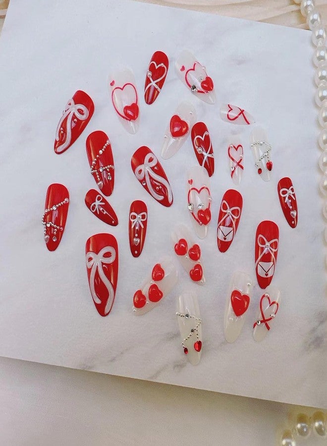 YKZFUI 24Pcs Valentine's Press on Nails Medium Red Heart Fake Nails with 3D Bow Love, White Pearl & Rhinestones Designs French False Nails Tip Stick on Nails Almond Shaped Full Cover Glue on Nails for Women - Image 2